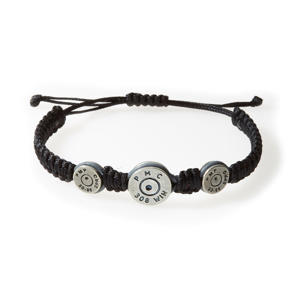MAVERICK Macrame & leather Bracelet with Bullets Black thread - Grey leather - No Memo