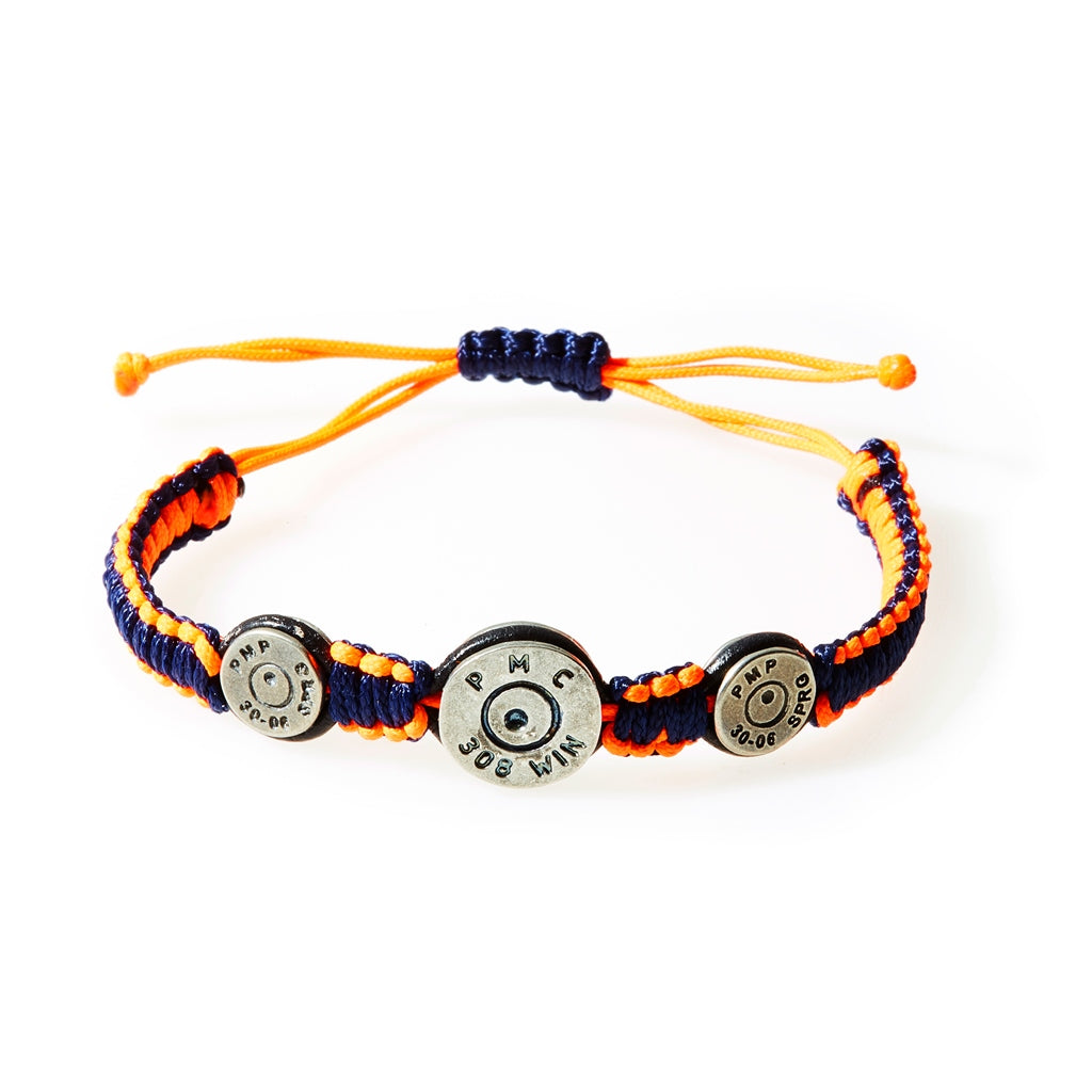 MAVERICK Macrame & leather Bracelet with Bullets Neon Orange/Navy Blue thread - No Memo