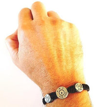 Load image into Gallery viewer, MAVERICK Macrame &amp; leather Bracelet with Bullets Neon Orange/Navy Blue thread - No Memo